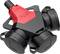 Electric plug adapter in black and red plastic, with three connections, ideal for industrial applications.