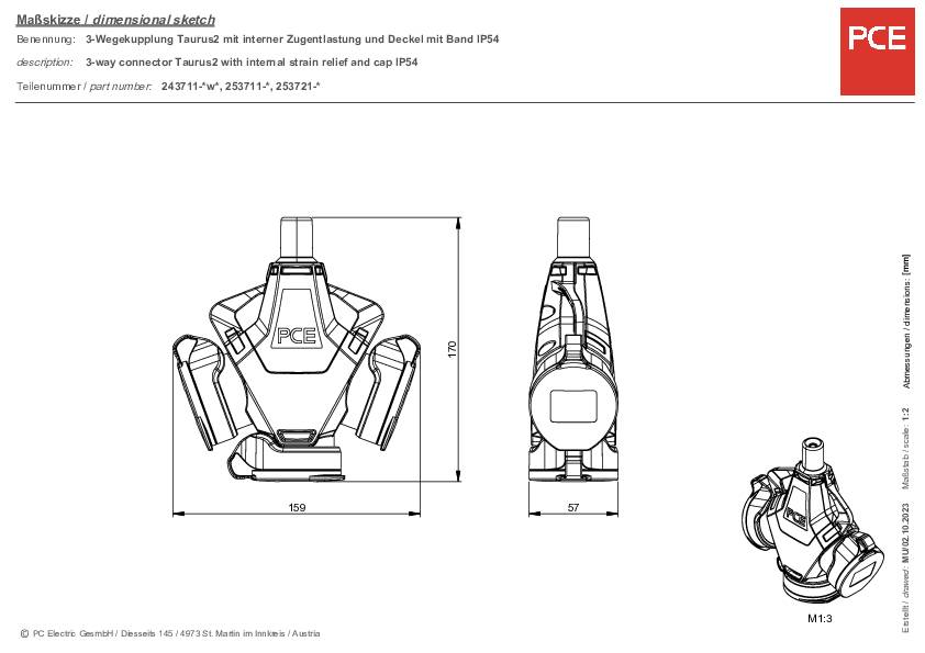 Technical drawing of a 3-way coupling with dimensions, detailed views, and PCE logo. Marking 'M13'. Main dimension 159 mm.