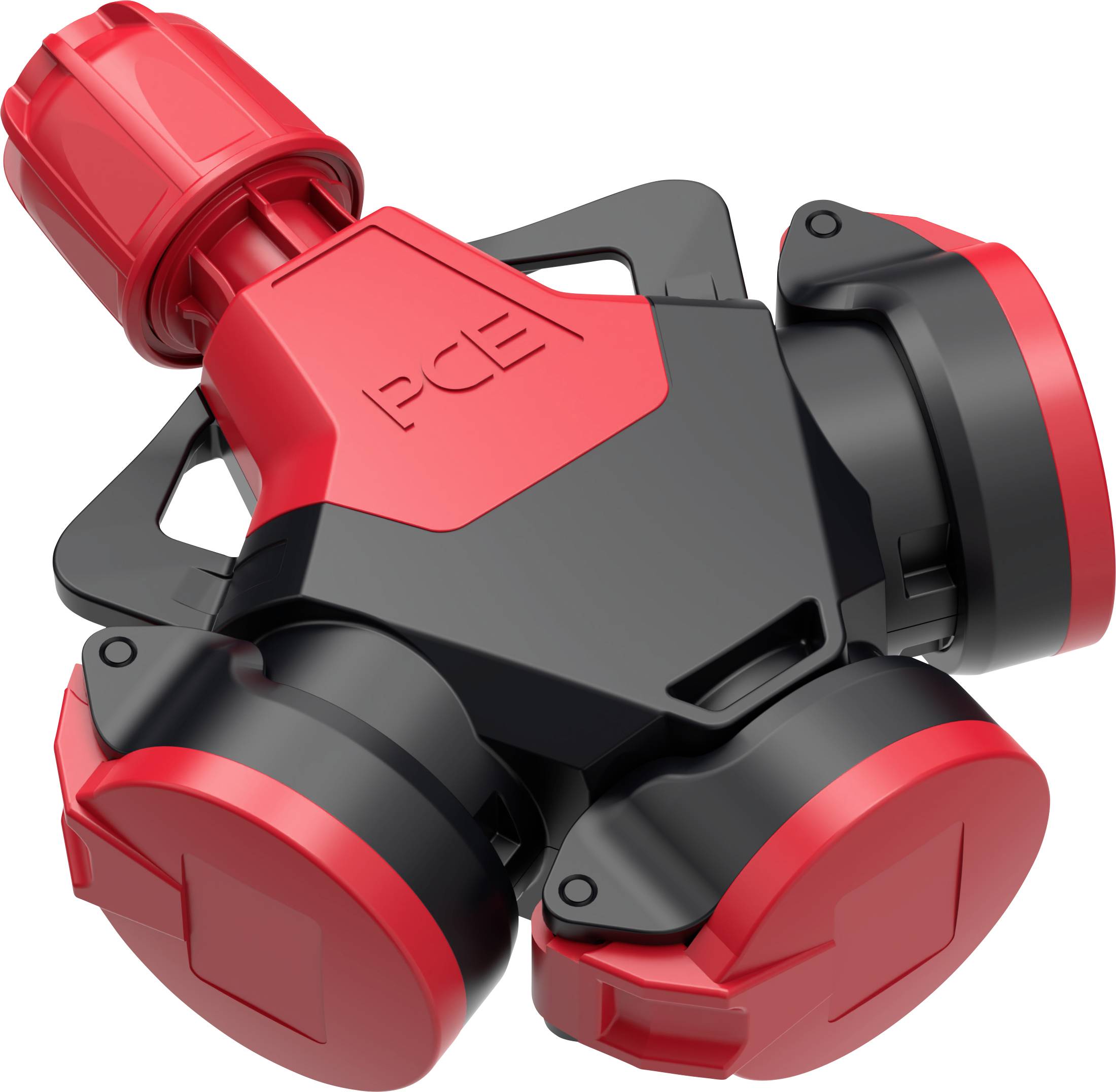A red and black plug adapter with three round terminals, identifiable by a 'PCE' logo on the top surface.