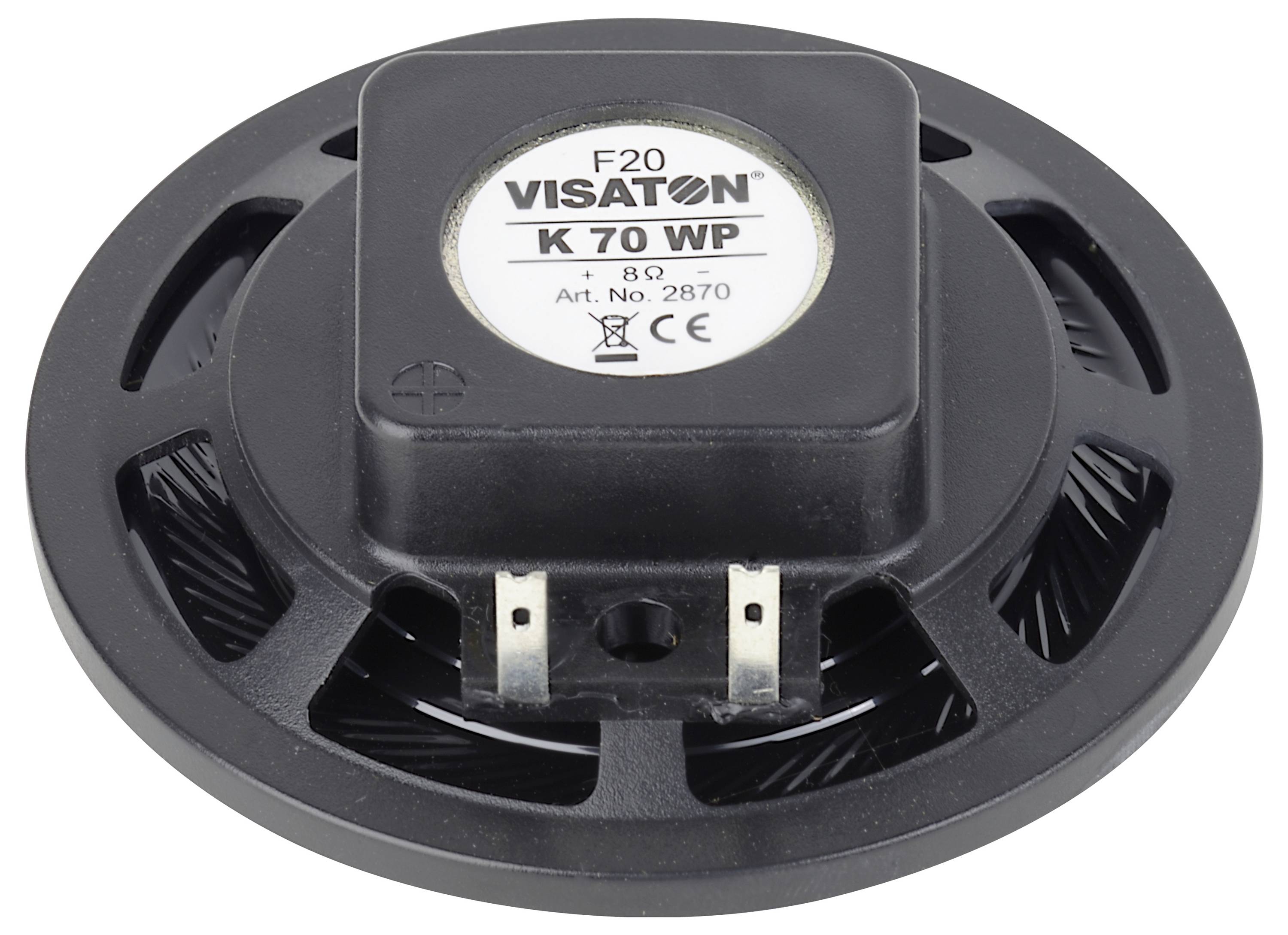 Round loudspeaker by Visaton, model K 70 WP, with an impedance of 8 ohms. Black design with visible labelling on top.