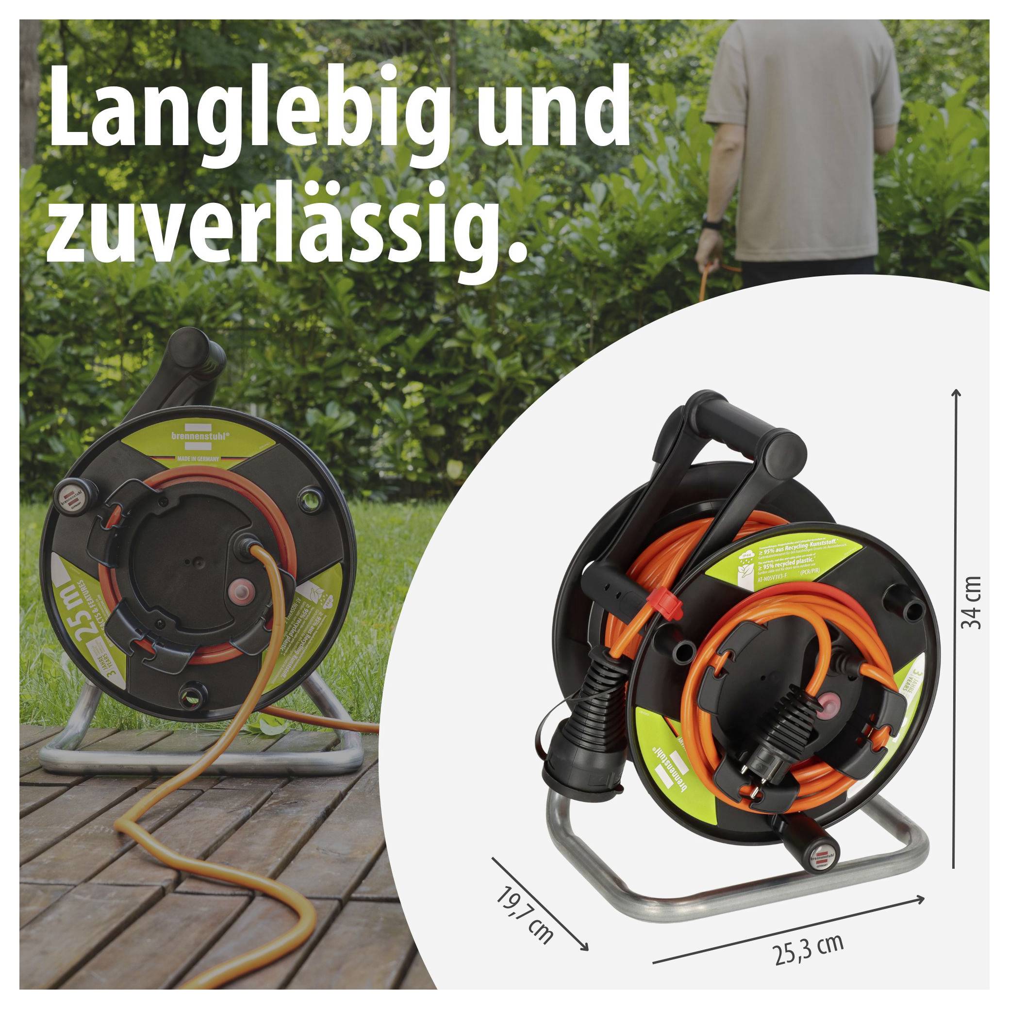 Advertising image of a cable reel with the inscription 'Durable and reliable.'; on the left in use in the garden, on the right as a product photo with dimensions 34 cm, 25.3 cm and 19.7 cm.