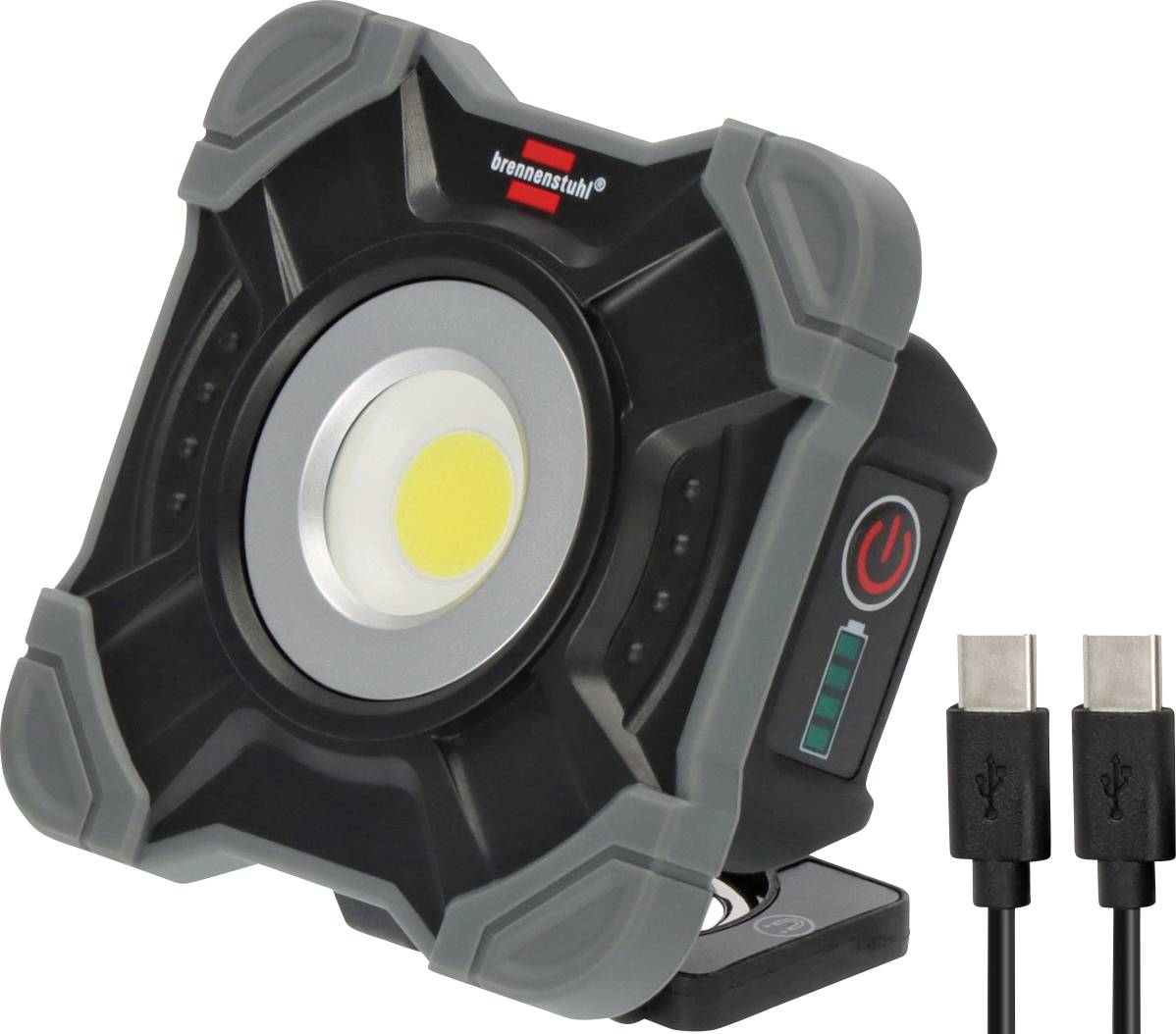 Portable work light with built-in LED, power button, battery indicator, stand, and two USB-C charging cables.
