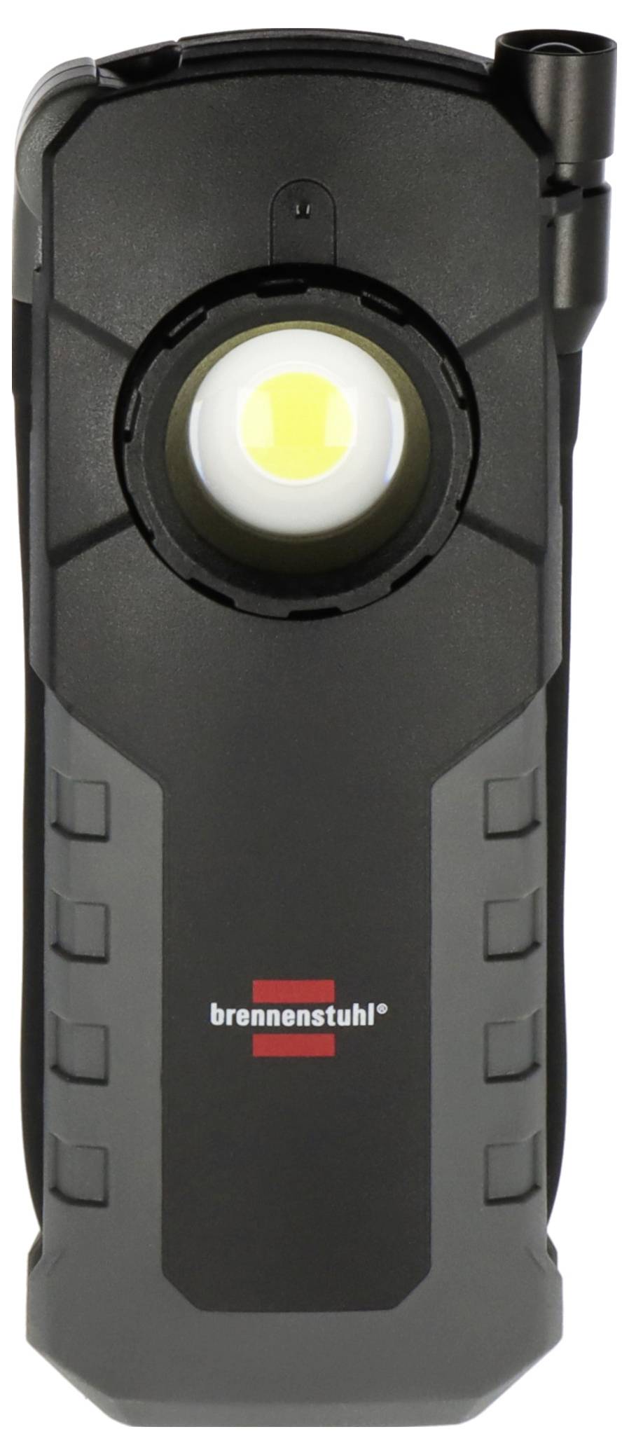 Black handheld work light with a large circular LED at the top and 'brennenstuhl' logo near the bottom.