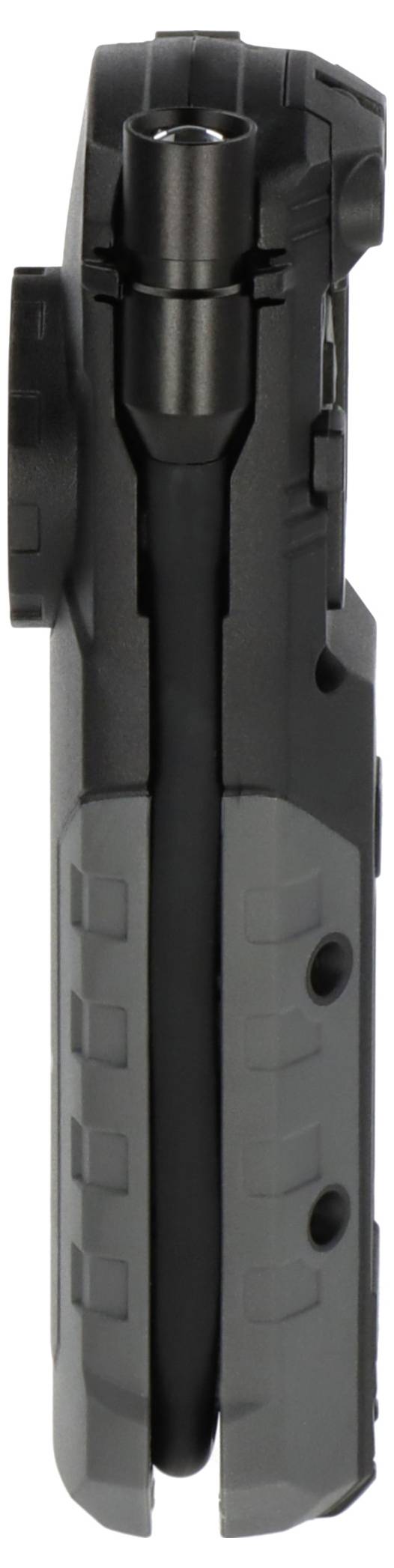 Close-up of a black and gray cylindrical electronic device or tool housing, shown vertically against a white background.