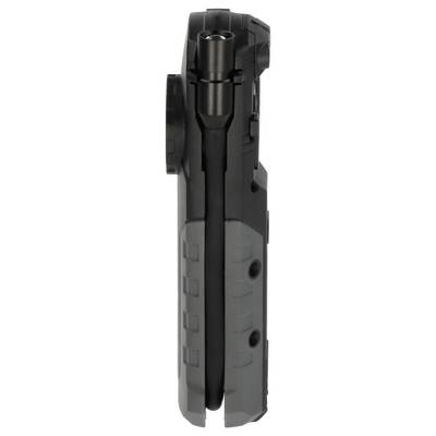 Close-up of a black and gray cylindrical electronic device or tool housing, shown vertically against a white background.
