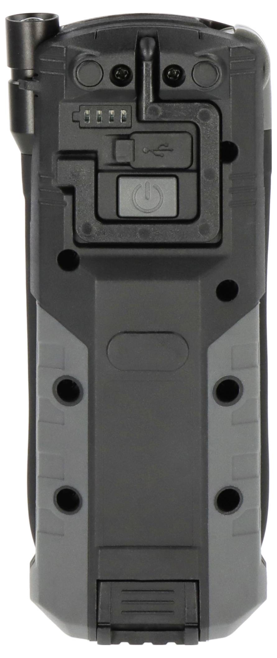 Front view of a rugged black handheld device with a large power button, USB port, side antenna, and mounting holes.