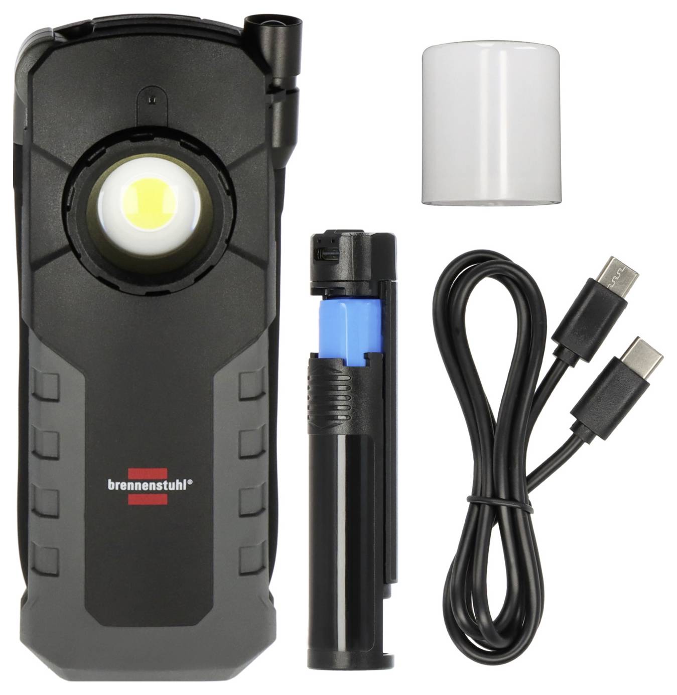 Black handheld LED work light set with USB-C charging cable, lighter adapter, and white diffuser cap.