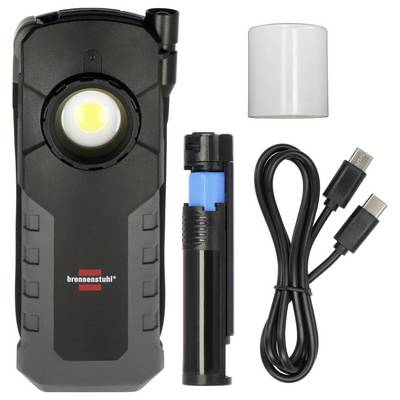 Black handheld LED work light set with USB-C charging cable, lighter adapter, and white diffuser cap.