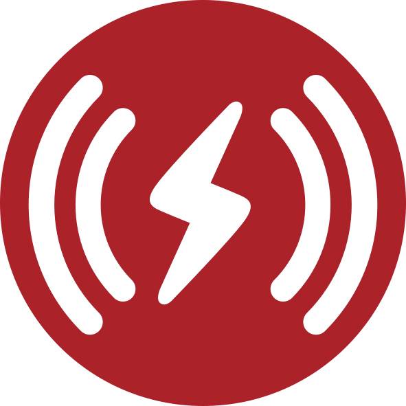 Red circular alert icon with white lightning bolt and radiating arcs, indicating a warning or emergency signal.