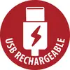 Red circular USB rechargeable icon with a white charging cable symbol and lightning bolt, labeled 'USB RECHARGEABLE'.