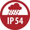 Red circular IP54 icon with a cloud and raindrops, indicating protection against limited dust and water splashes.<br>