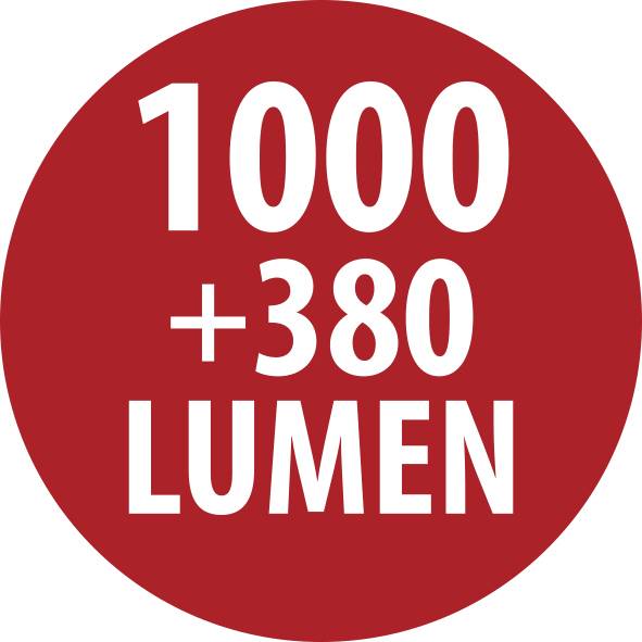Red circular badge with white text reading '1000 +380 LUMEN'.
