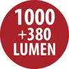 Red circular badge with white text reading '1000 +380 LUMEN'.