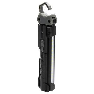 Black handheld LED work light with a hook clip at the top and a side light strip on a white background.
