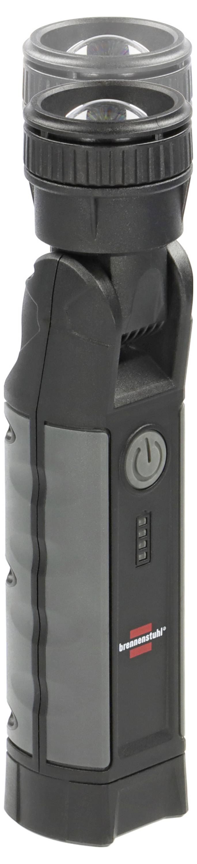 Black, vertically standing torch with a rotating head and side handle. An on/off switch is located on the side.