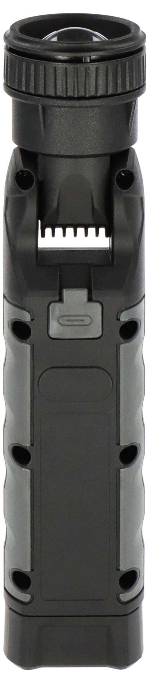 A black torch with a ribbed handle and adjustable head, standing upright against a white background.