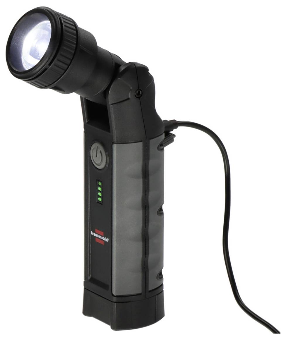Black LED torch with charging symbols on the side. It has a charging cable, shows four charge indicators, and features a large button.