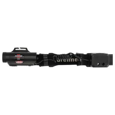 Black inline motorcycle battery charger with coiled cable and power connector on a white background.