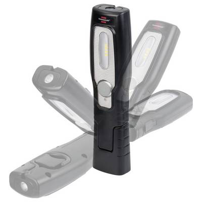 Black rechargeable work light with swivel head and side flashlight shown in multiple rotated positions on a white background.