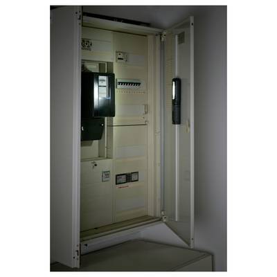 Open electrical distribution cabinet with exposed breakers, meters, and wiring inside a wall-mounted panel.<br>