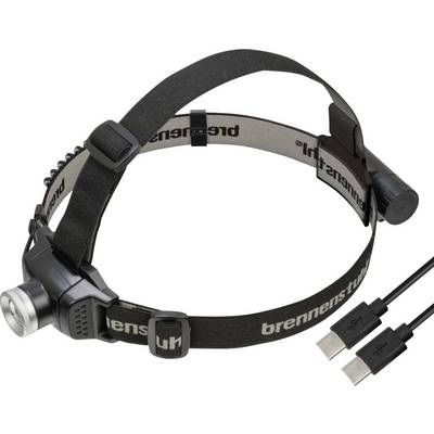 Black adjustable LED headlamp with elastic strap and attached USB charging cable, shown on a white background.