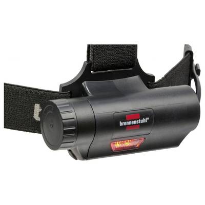 Black headlamp with adjustable strap and red 'brennenstuhl' logo, shown close-up on a white background.