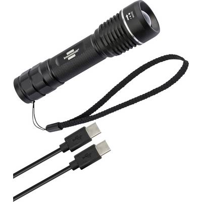 Black flashlight with wrist strap and two USB-C charging cables on a white background.