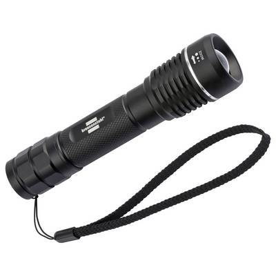 Black flashlight with wrist strap, shown on a white background.