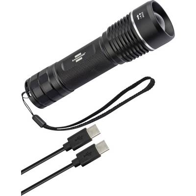 Black handheld flashlight with wrist strap, shown with two USB-C charging cables.<br>