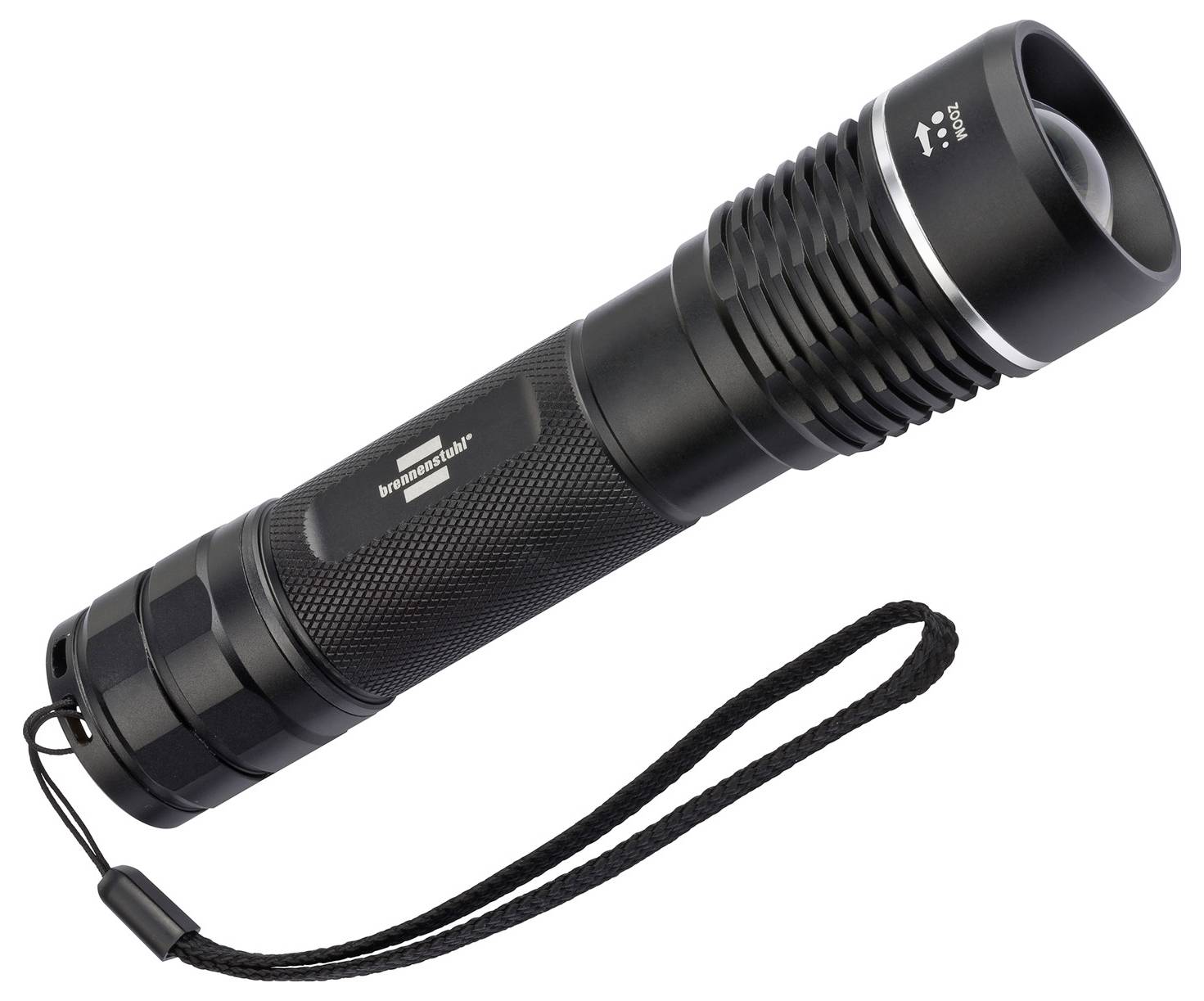 Black handheld flashlight with wrist strap, shown on a white background; zoomed head and textured grip suggest a rugged tactical design.