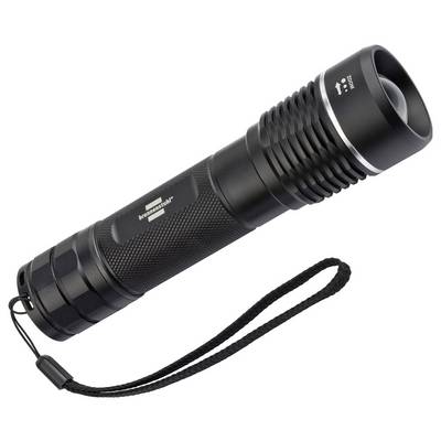 Black handheld flashlight with wrist strap, shown on a white background; zoomed head and textured grip suggest a rugged tactical design.