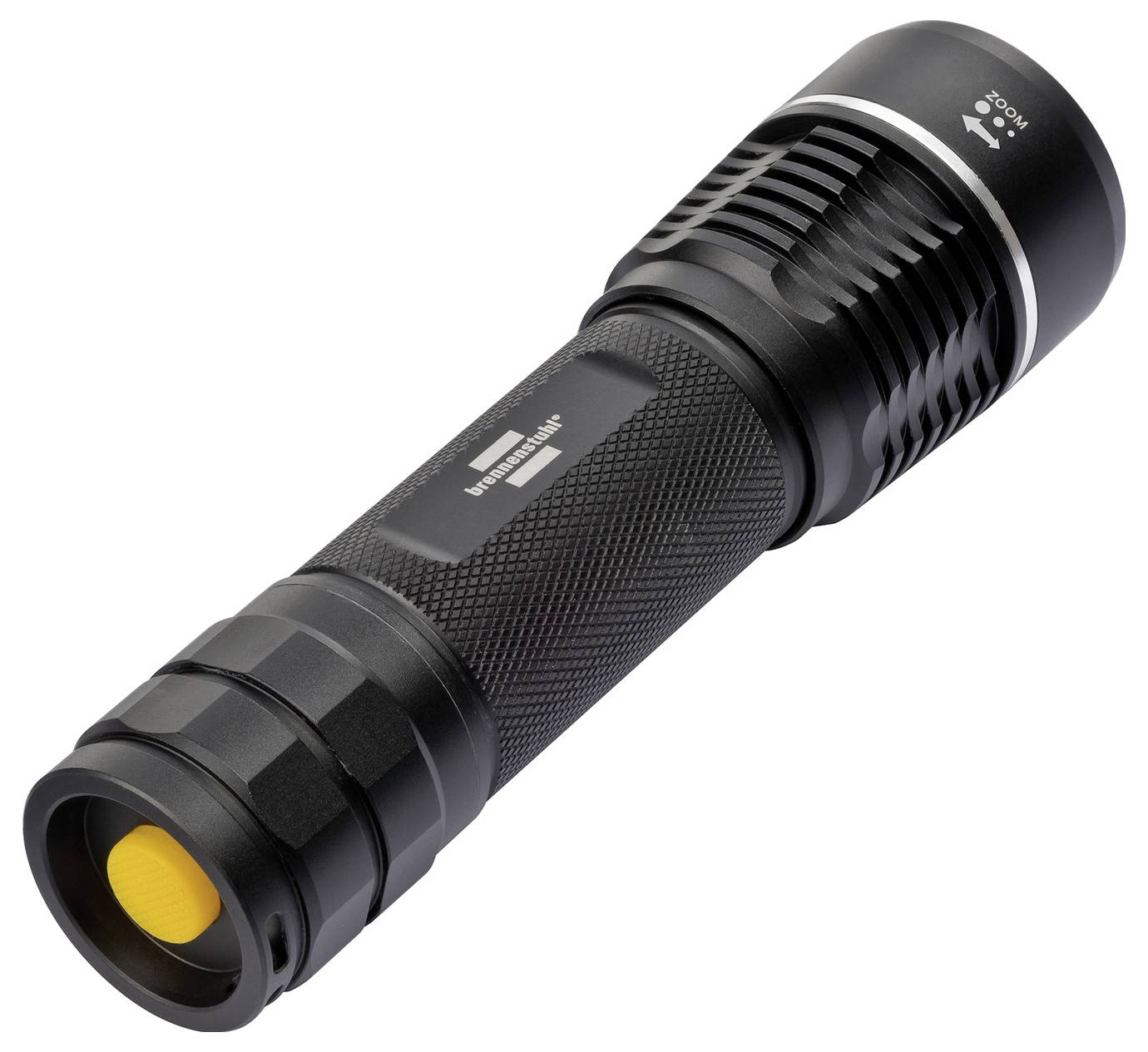 Black handheld flashlight with textured grip and yellow lens, shown on a white background.