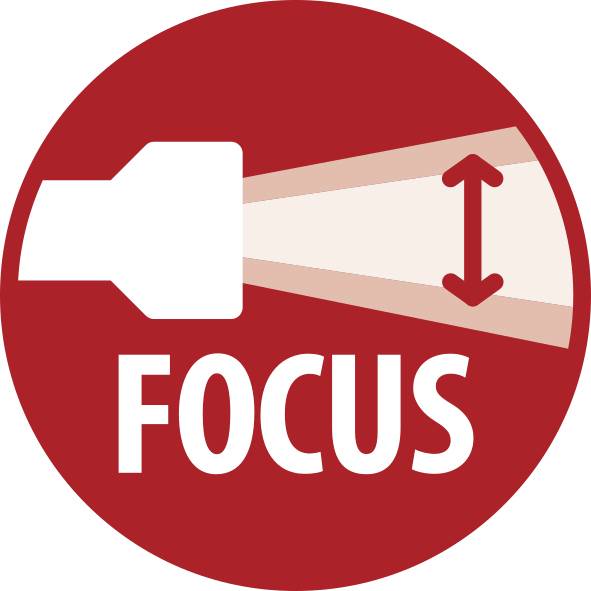 Red circular icon showing a camera lens with a spotlight beam and the word 'FOCUS' below.