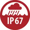 Red IP67 waterproof rating icon with cloud and rain, indicating protection against dust and temporary water immersion.
