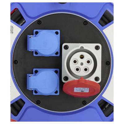 Close-up of an electric vehicle charging inlet with two blue AC sockets and one covered white DC connector with a red cap.