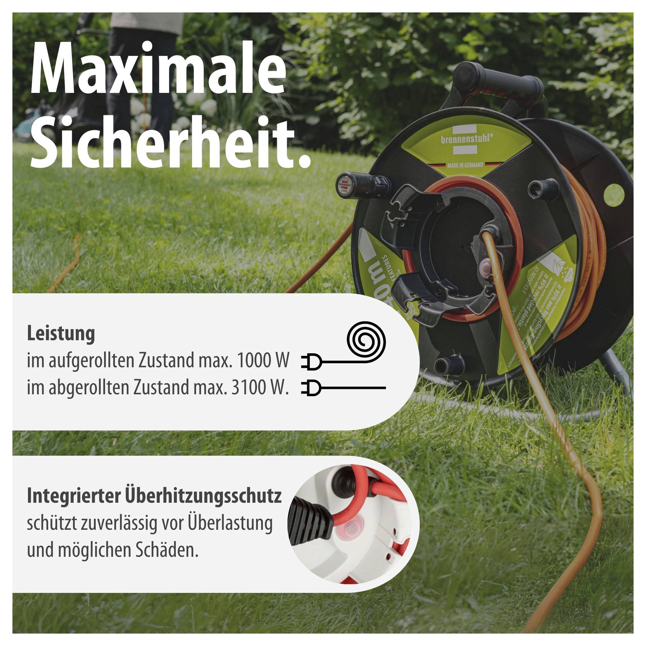 Advertising poster for a cable reel product: 'Maximum Safety.' with specifications for performance and integrated overheating protection in the grass.