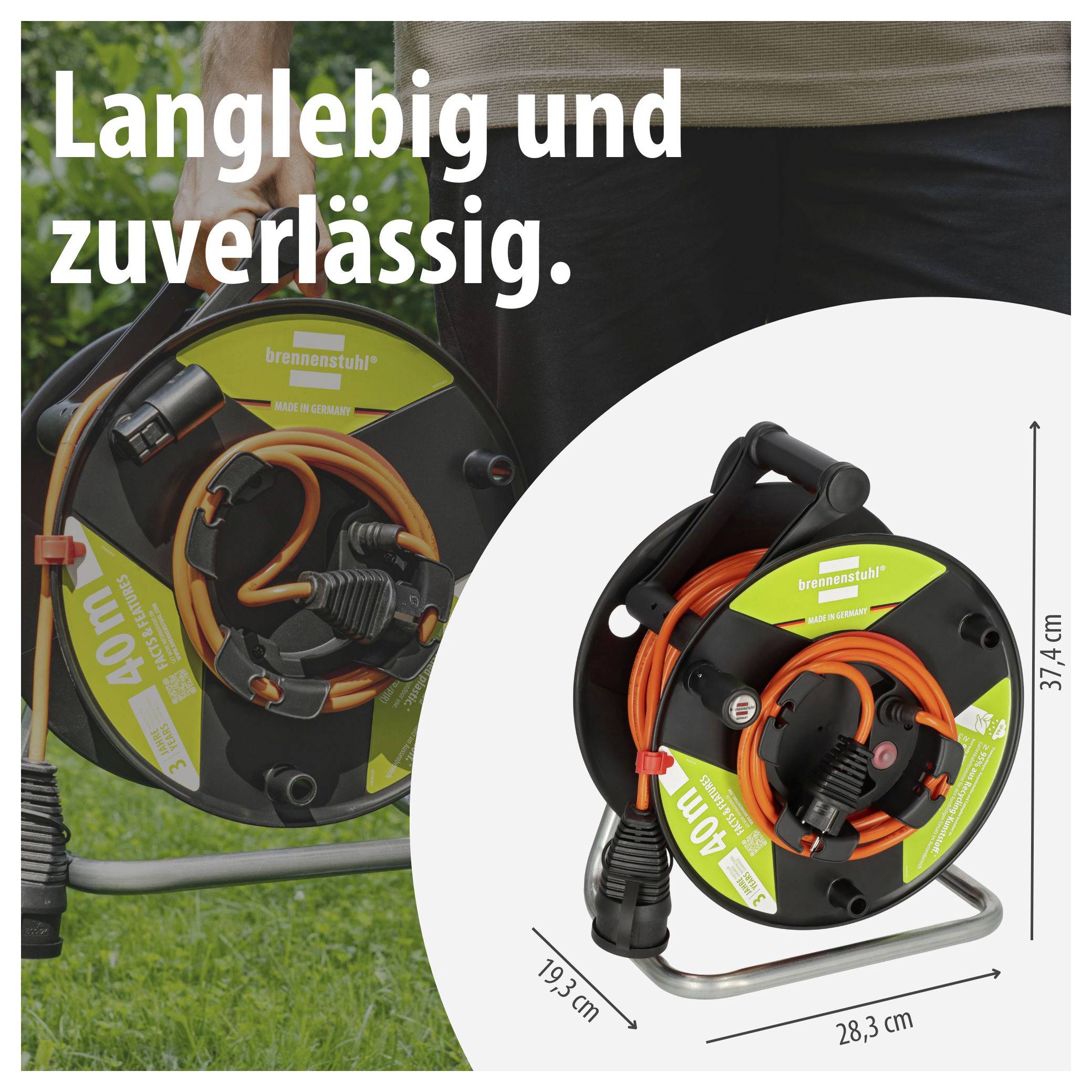 Advertising image of a black cable reel with orange cable; text "Durable and reliable." and dimensions 19.3 cm, 28.3 cm and 37.4 cm.