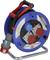 Blue cable reel with 30 m cable, three socket outlets with protective covers. Robust metal frame, red and black handles for handling.