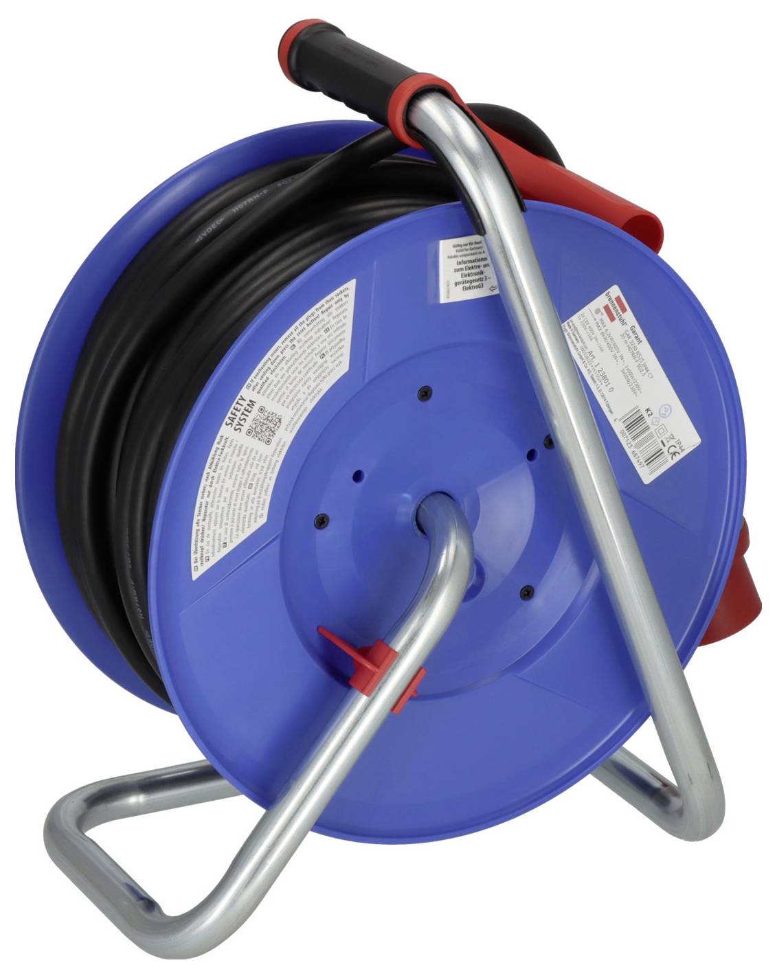 A blue cable reel with a black cable mounted on a silver metal stand, suitable for use in workshops or outdoor areas.
