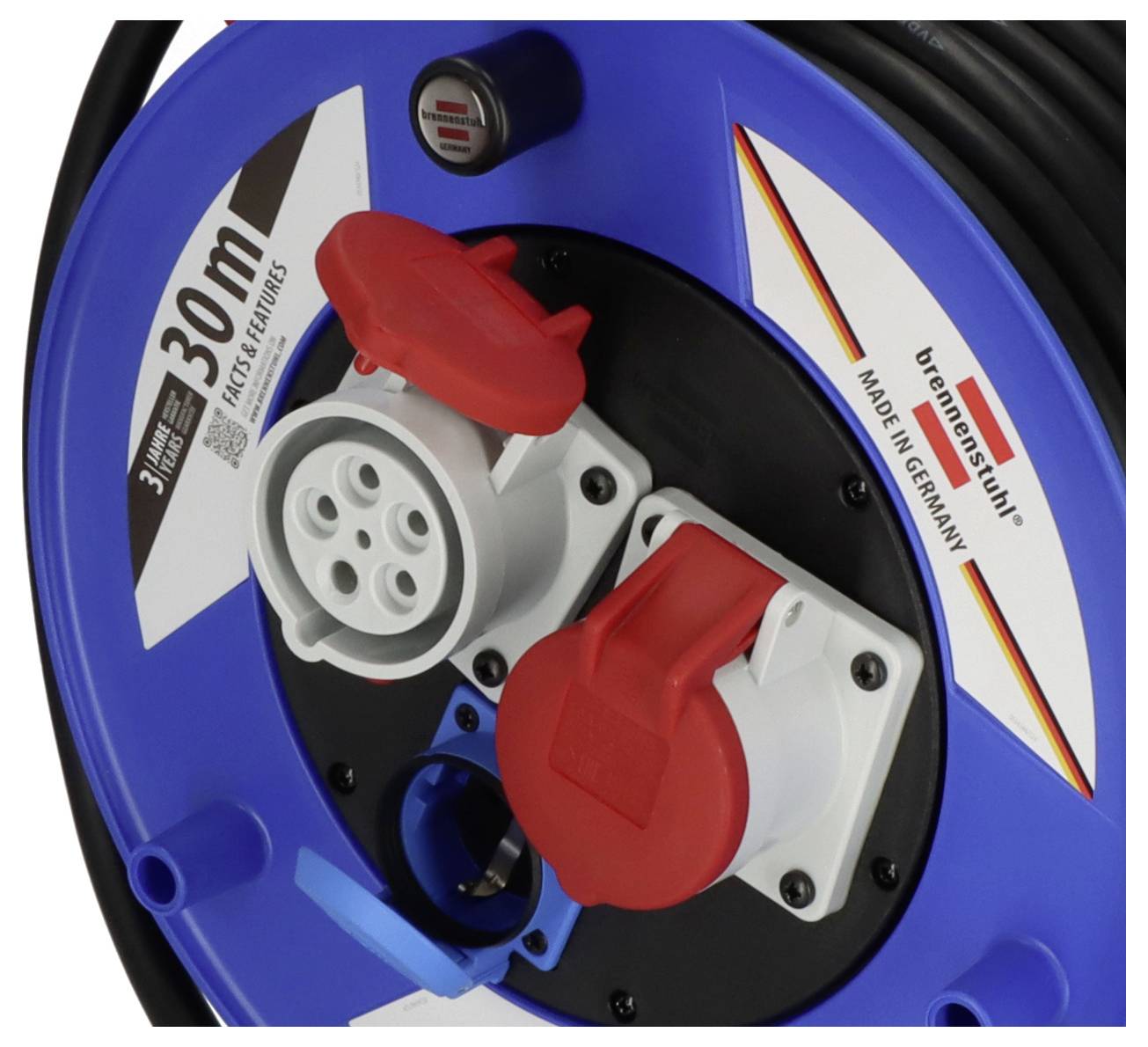 Pictured is a blue cable reel measuring 30 metres in length, manufactured in Germany, with protective caps covering the sockets.