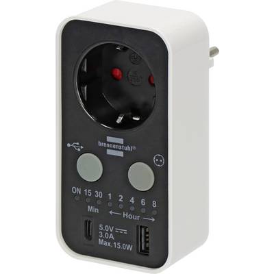 White Brennenstuhl plug-in timer with UK socket, two buttons, and display showing on/off minute and hour settings, plus USB charging ports labeled 5.0V 3.0A Max.15.0W.<br>