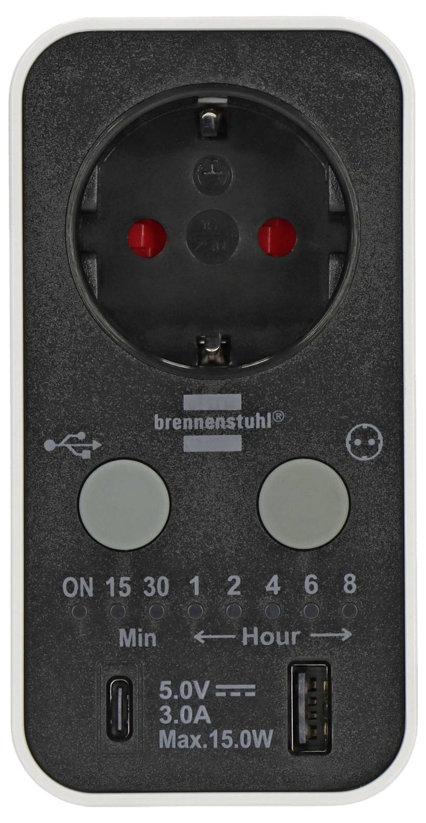 Plug-in timer outlet with two USB charging ports, labeled on/off time settings, for controlling power and charging devices.