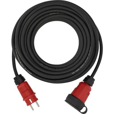 Coiled black power cable with red industrial plug on one end and red two-prong plug on the other, isolated on white background.