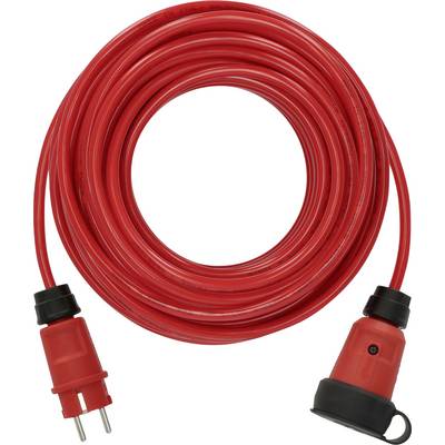 Coiled red electrical extension cord with two-prong plug on one end and a covered socket on the other.<br>
