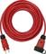 Coiled red electrical extension cord with two-prong plug on one end and a covered socket on the other.<br>