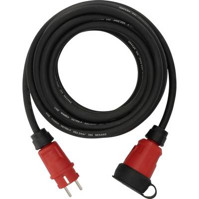 Black coiled power cable with red European-style plugs on both ends, shown on a white background.