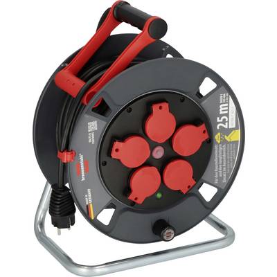 Portable cable reel with four red power sockets and a connected plug on a metal stand.