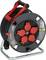 Portable cable reel with four red outlets, black cord and metal stand for extending electrical power outdoors or at work.