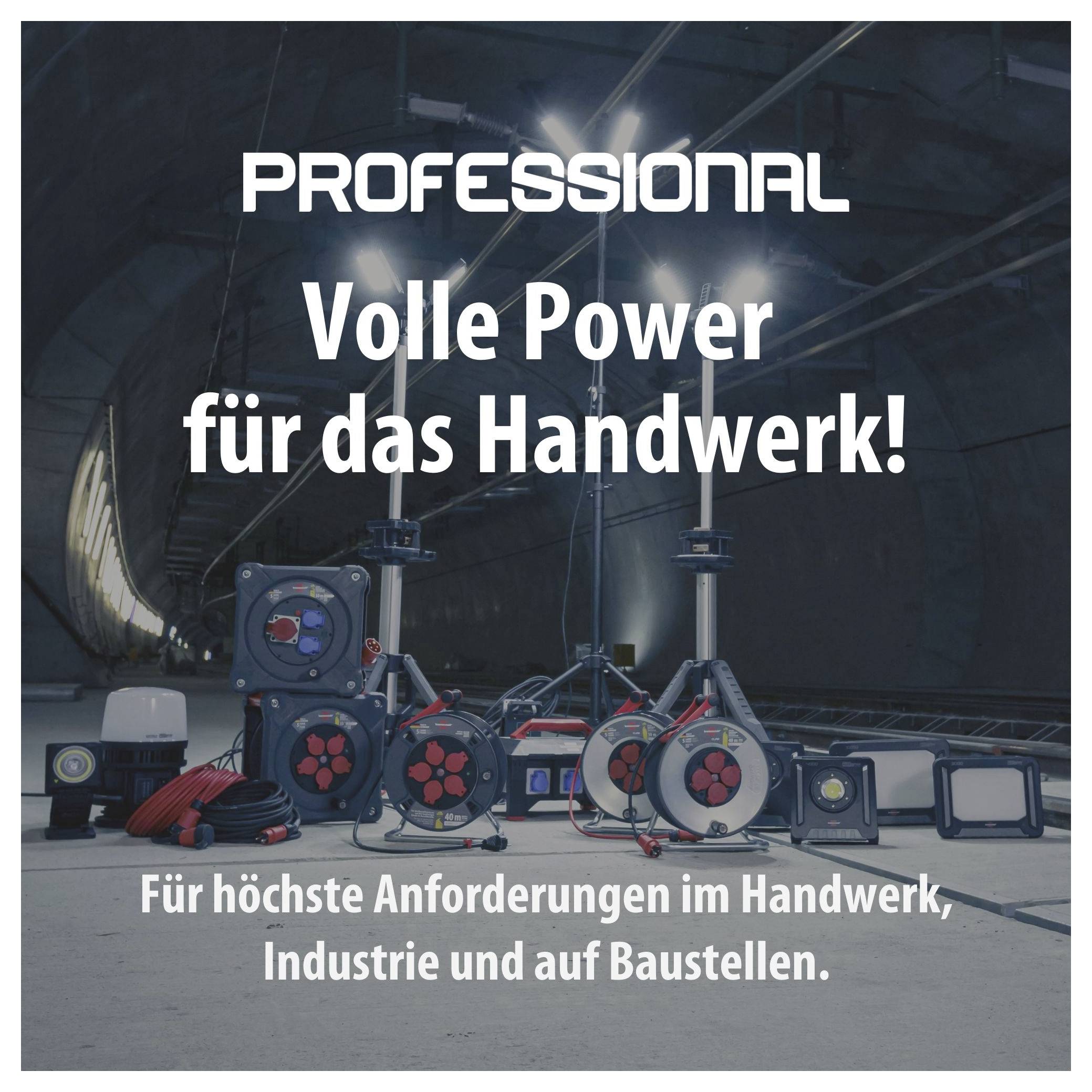 Advertisement image for professional site lighting and electrical engineering: 'PROFESSIONAL' and 'Full Power for the Trades!' featuring equipment for trades, industry and construction sites.
