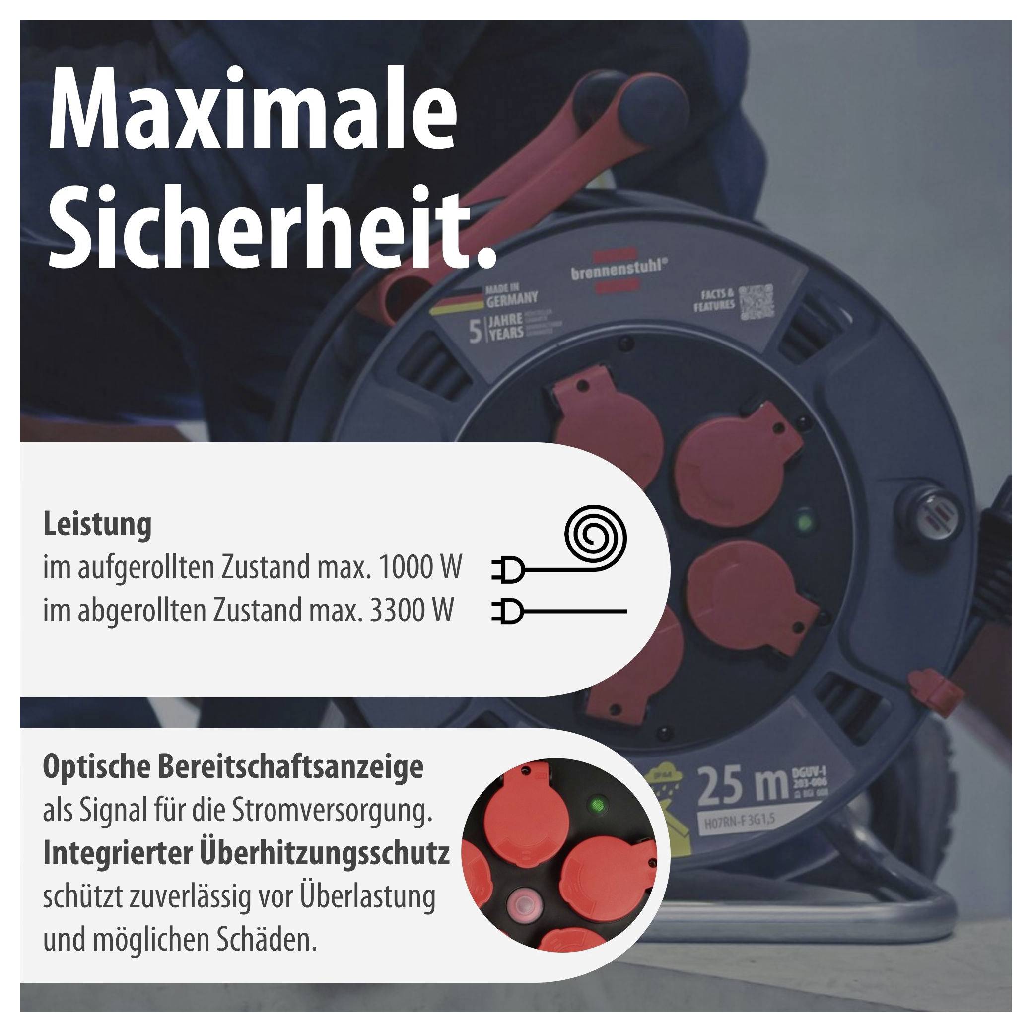 Cable reel with safety features: maximum power output 1000 W unrolled, 3300 W wound up, optical standby indicator and overheat protection.